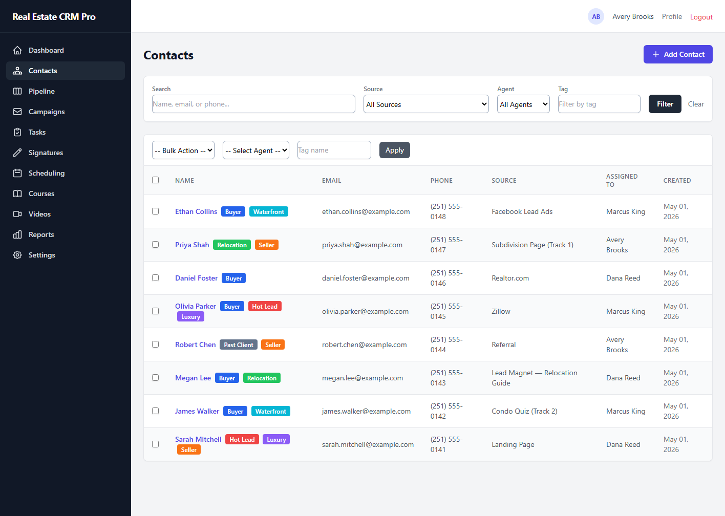 Actual Real Estate CRM Pro contacts screen with demo buyer and seller leads