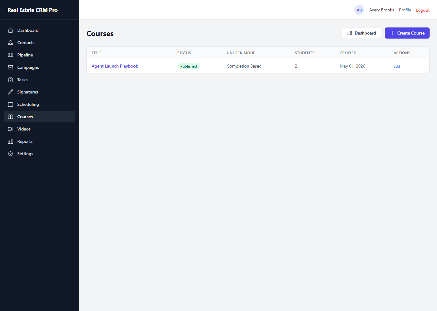 Actual Real Estate CRM Pro courses screen showing a published agent training playbook