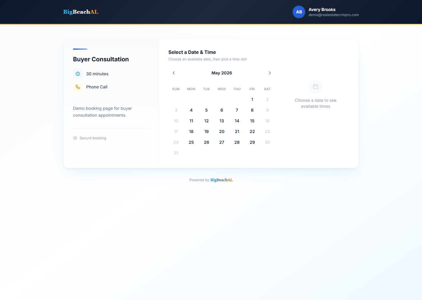 Actual public Real Estate CRM Pro booking page where clients choose a date and time