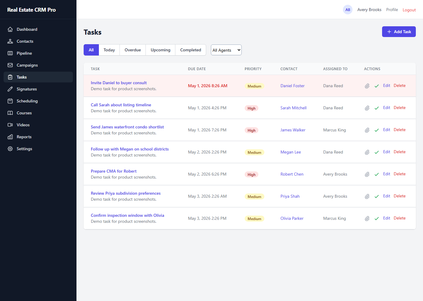 Actual Real Estate CRM Pro tasks screen with buyer, seller, and listing follow-up work