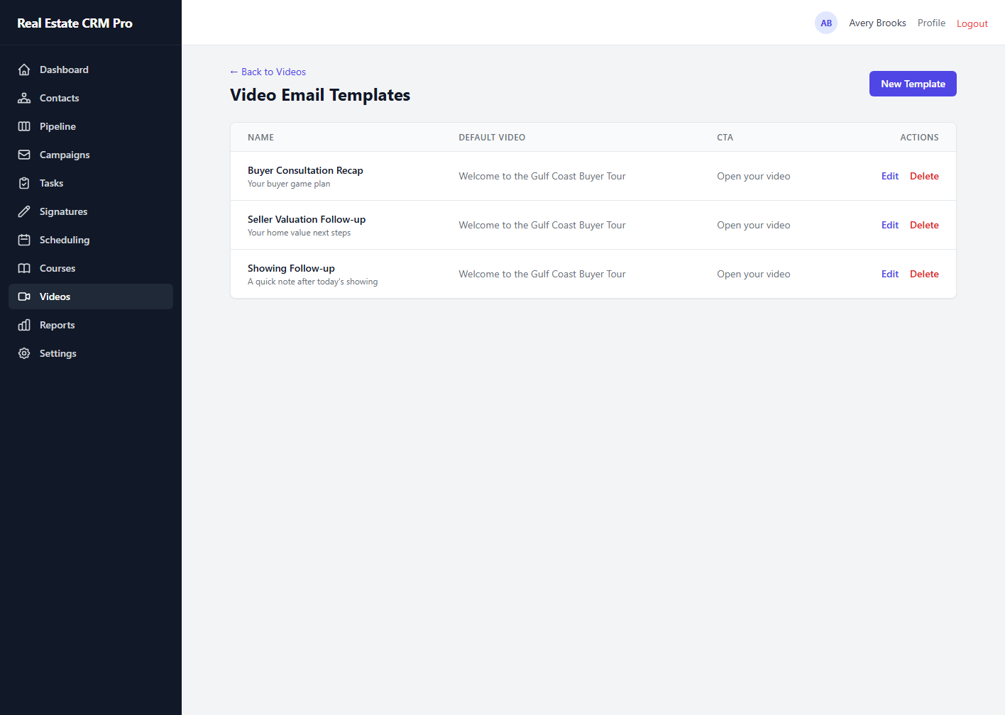 Actual Real Estate CRM Pro video email templates screen